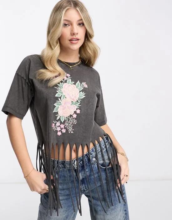 acid wash tee with rose embroidery and tassel hem in gray