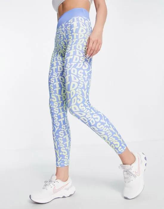 Active all-over logo leggings in blue and yellow