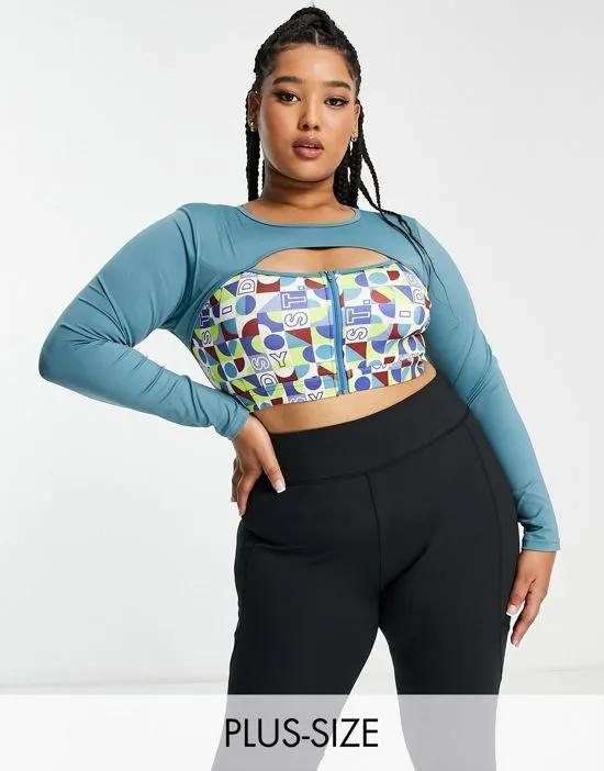 Active Plus cut-out long sleeve top in blue and multi