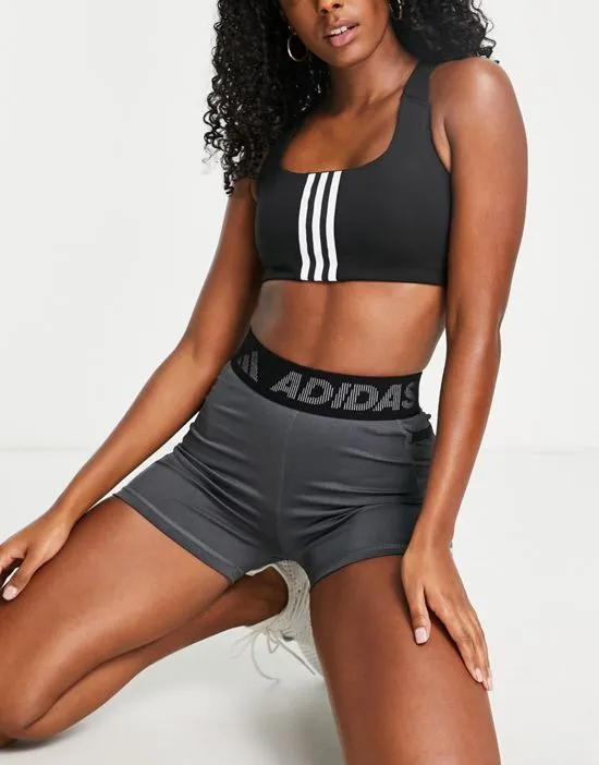 adidas Training front 3 stripe medium support sports bra in black