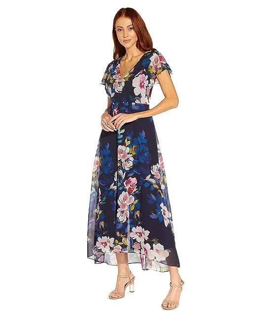 Adrianna Papell Stretch Crepe Jumpsuit with Printed Floral Chiffon Overlay