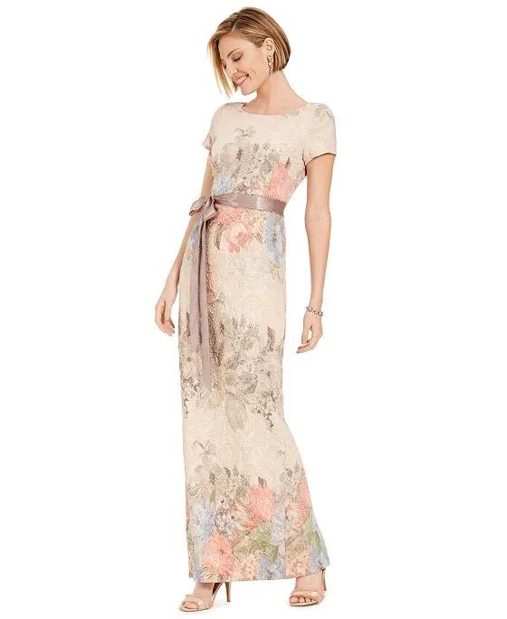 Adrianna Papell Women's Floral-Print Short Sleeve Column Gown