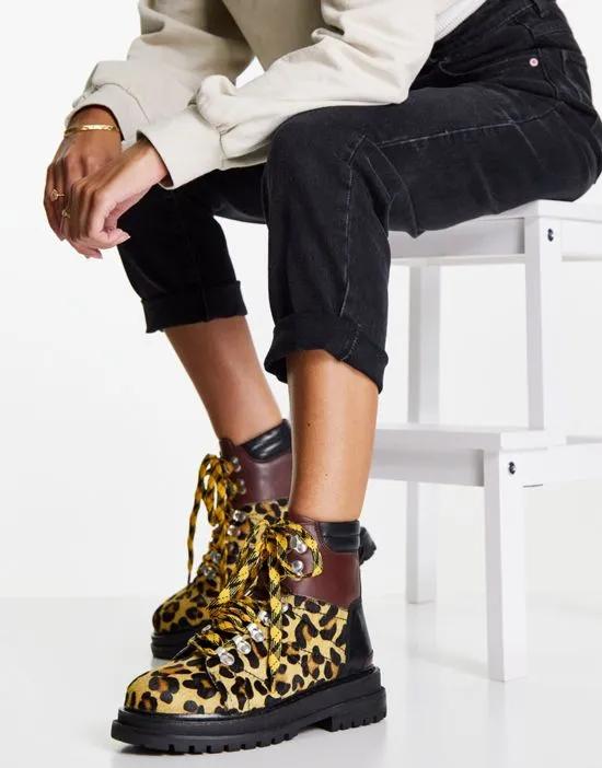 Adrift chunky lace up hiker boots in tan and leopard mix