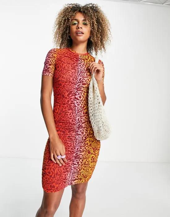 Agnes mesh dress with ruche detail in gradient print in orange