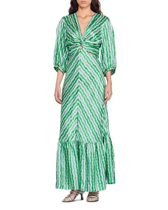 Agnetta Satin Floral Stripe Keyhole Maxi Dress