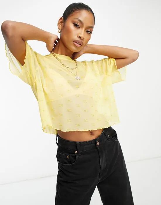 Air mesh all-over print crop top in yellow