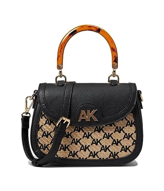 AK Embroidered Straw Flap Satchel