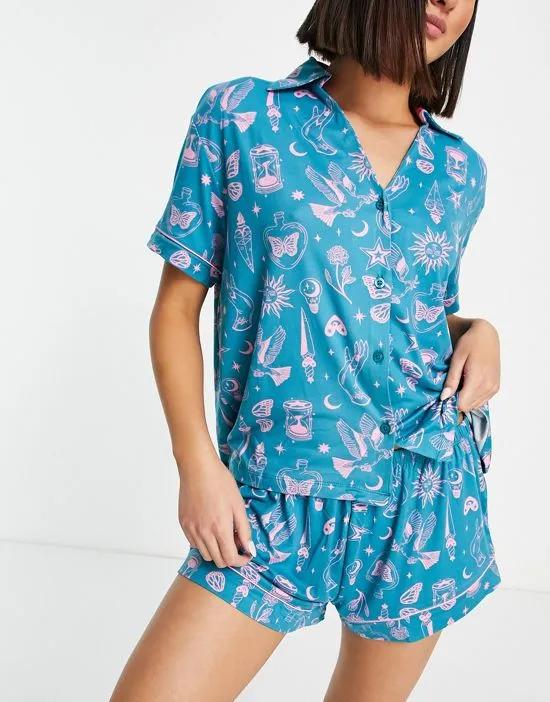 alchemy short button up pajama set in teal