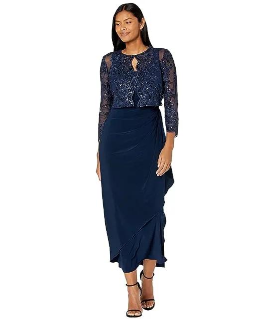 Long Empire Waist Embroidered Jacket Dress with Jacket and Cascade Detail Skirt