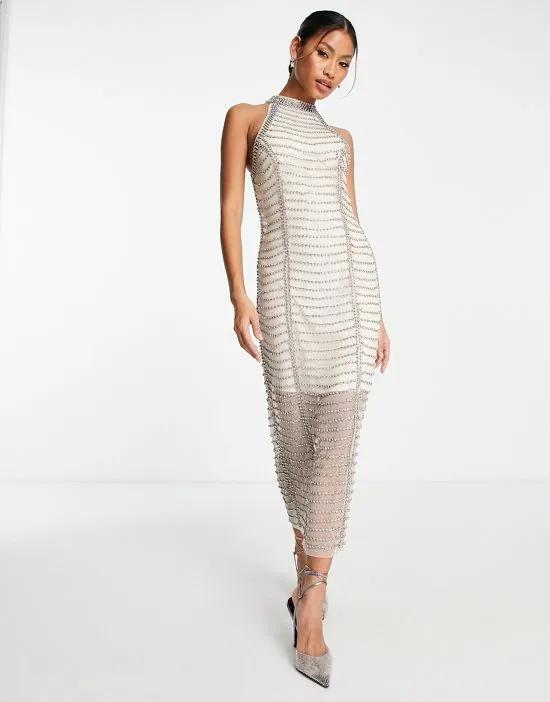 all over diamante embellished mesh midi dress in silver