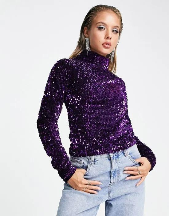 all over embellished sequin polo neck long sleeve top in purple
