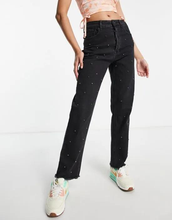 all over embellished straight leg jeans in wash black