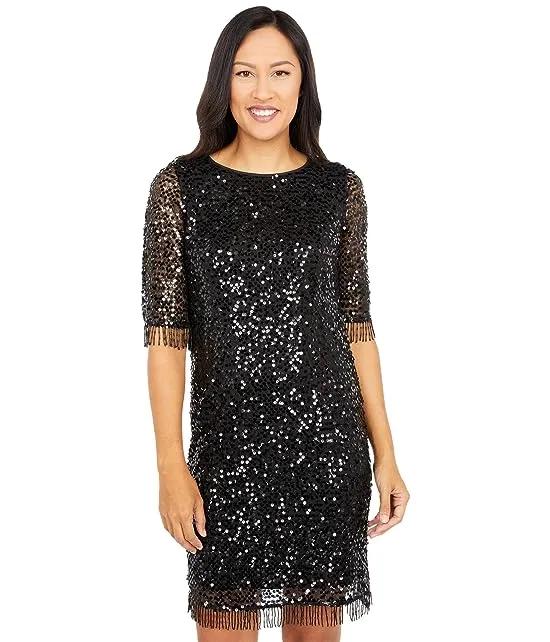 All Over Sequins on Mesh A-Line Dress with Beaded Fringe Trim