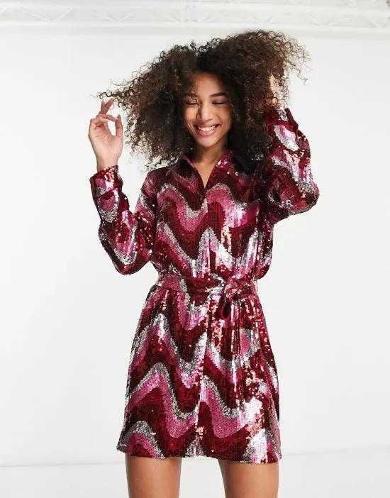 all over wave sequin mini shirt dress in pink