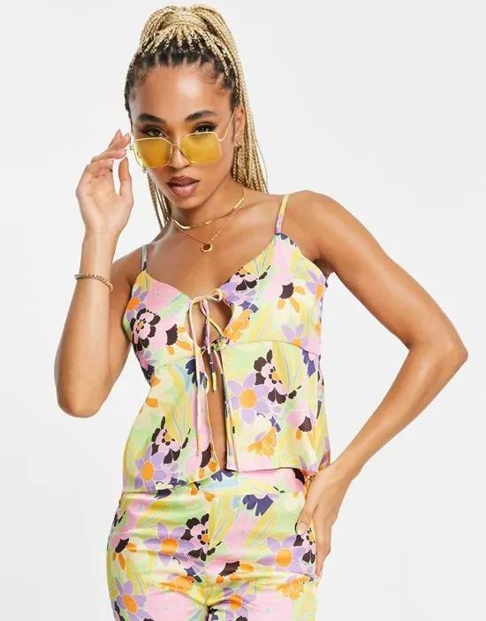 Amber poly satin cami tie front pajama top in floral - MULTI