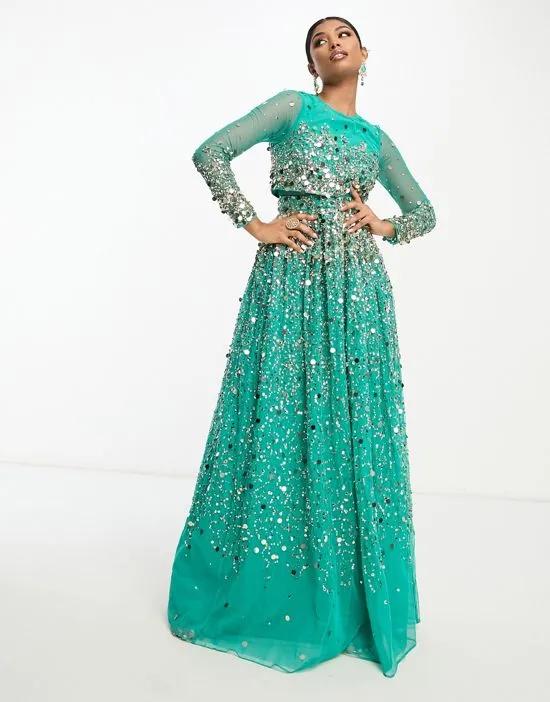 Anarkali maxi dress in scatter sequin in turquoise