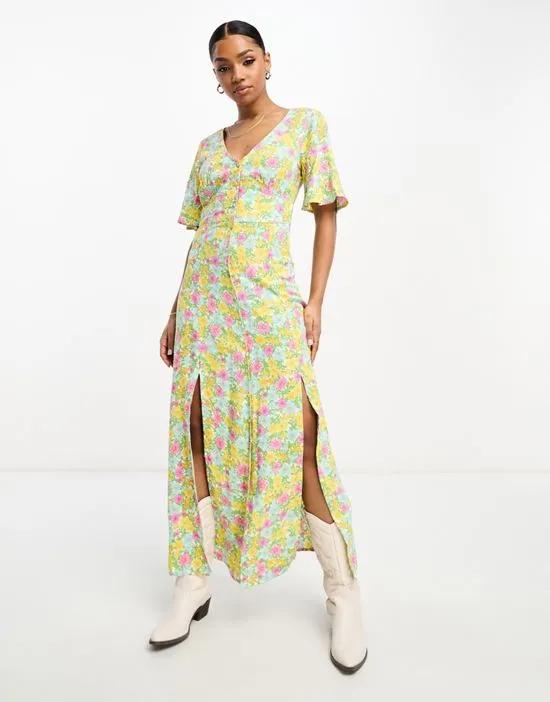 angel sleeve button up maxi dress in bright cluster floral