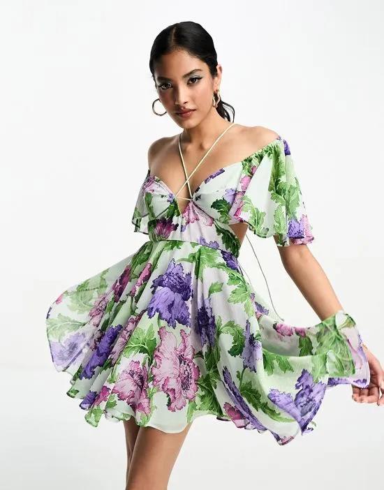 angel sleeve plunge mini skater dress in lilac floral print