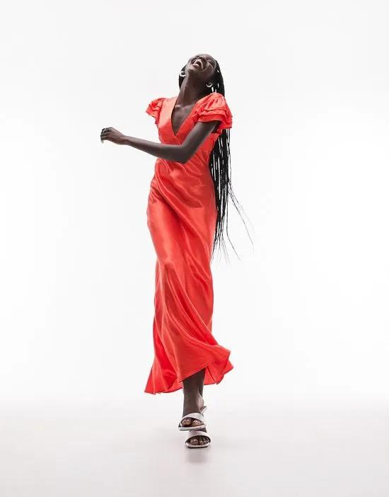 angel sleeve V-neck maxi dress in red