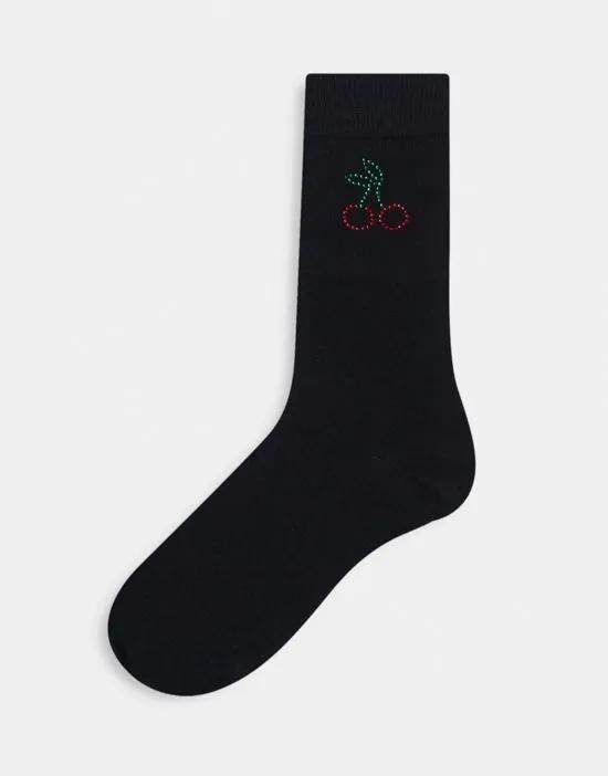 ankle socks in black with rhinestone cherry design