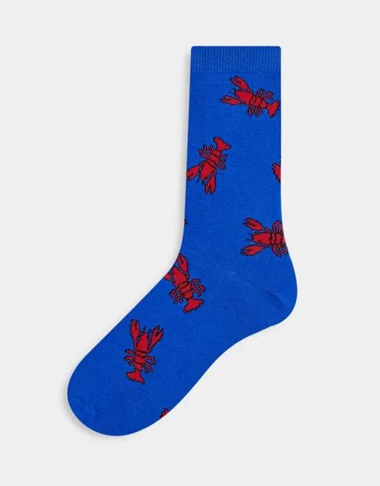 ankle socks in blue with lobster print