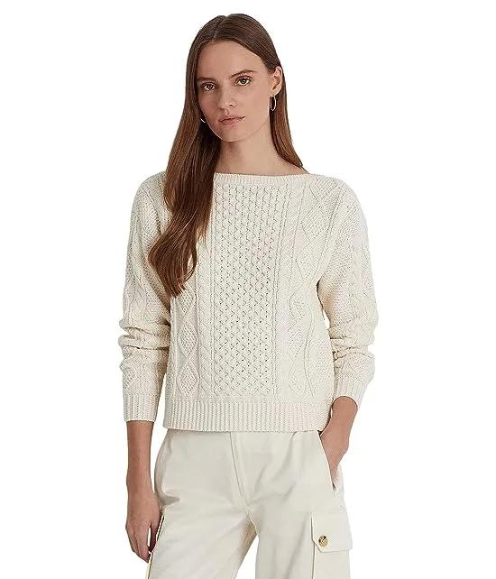 Aran-Knit Cotton Boatneck Sweater