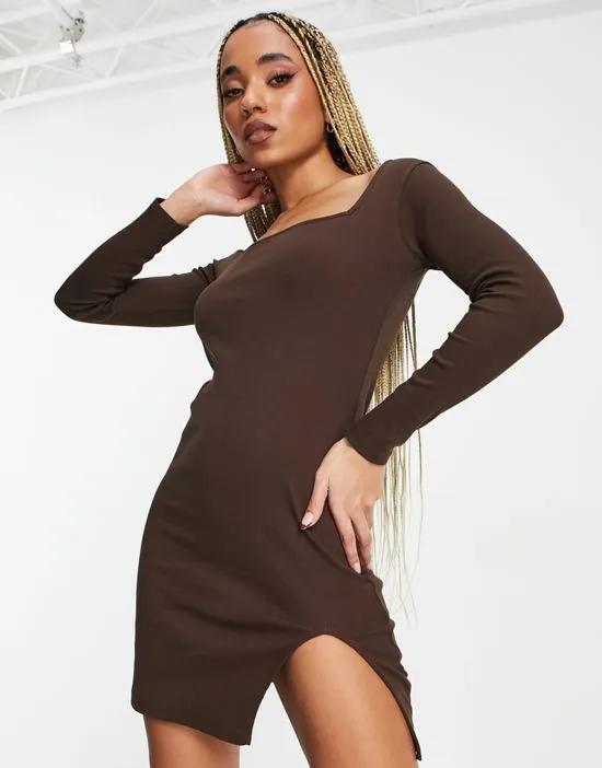 Aria ribbed mini dress with side slit in chocolate brown