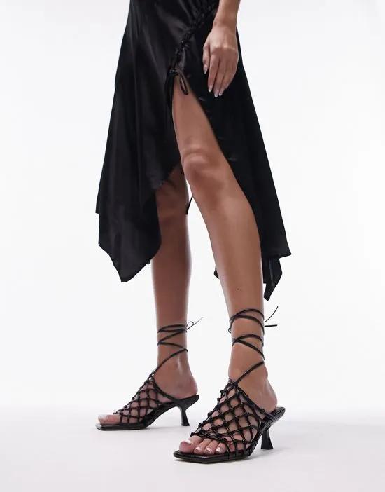 Ariel caged mid heel sandals with ankle tie in black