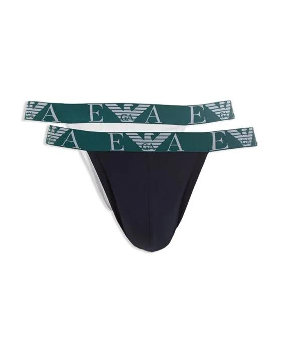 Armani Cotton Blend Color Blocked Monogram Waistband Jock Straps, Pack of 2