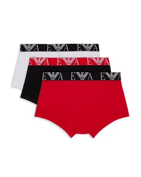 Armani Cotton Blend Color Blocked Monogram Waistband Trunks, Pack of 3
