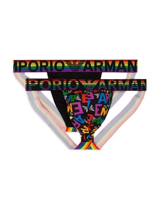 Armani Cotton Blend Rainbow Logo Waistband Jock Straps, Pack of 2