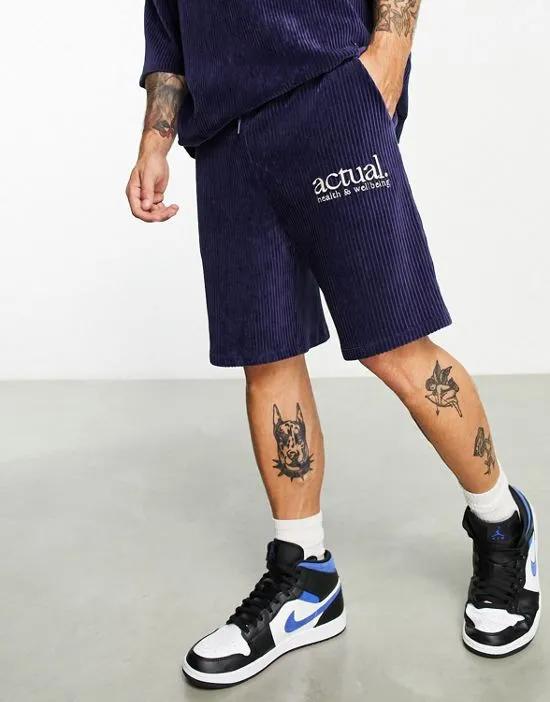 ASOS Actual relaxed cord short with logo embroidery in navy - part of a set