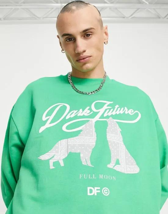 ASOS Dark Future oversized sweatshirt with wolf graphic front print in green