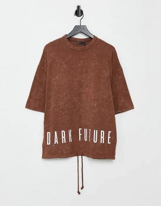 ASOS Dark Future oversized t-shirt in brown with back print and drawcord