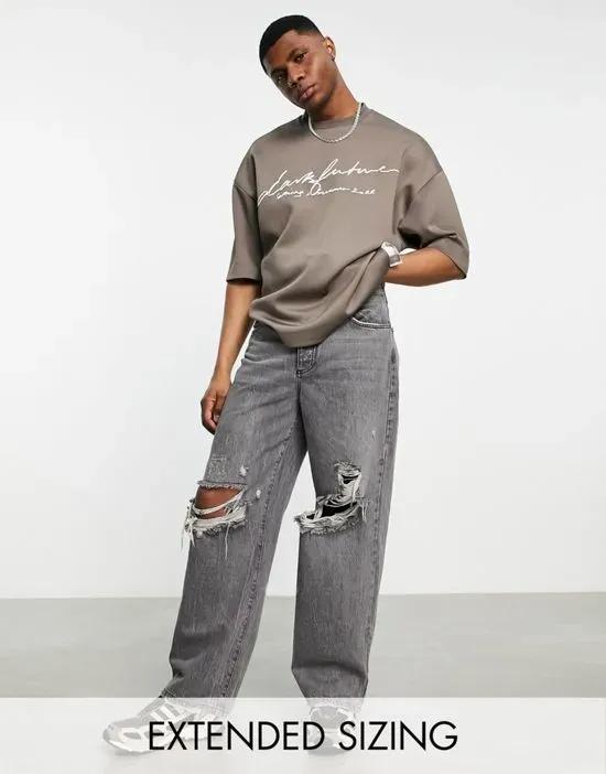 ASOS Dark Future oversized T-shirt in scuba with front logo embroidery in brown