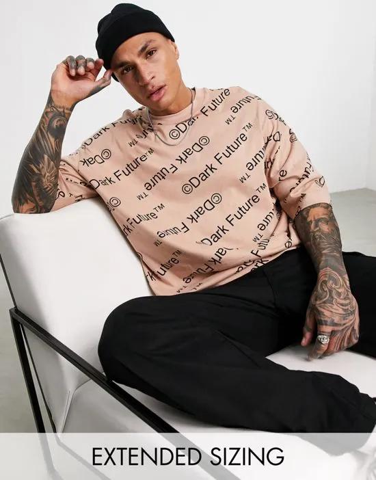 ASOS Dark Future oversized T-shirt with all-over logo print in light brown