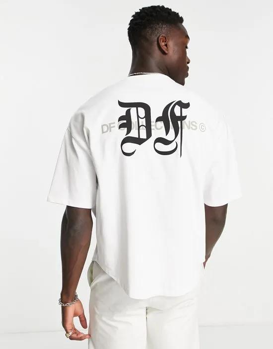 ASOS Dark Future oversized T-shirt with dipped hems and gothic style logo prints in white