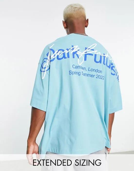 ASOS Dark Future oversized T-shirt with large shoulder layered logo print in bright blue - part of a set