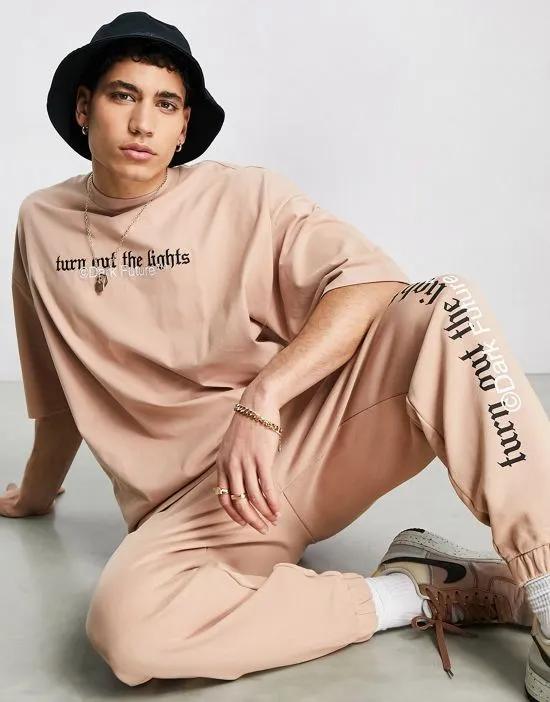 ASOS Dark Future oversized T-shirt with slogan and logo print in taupe - part of a set
