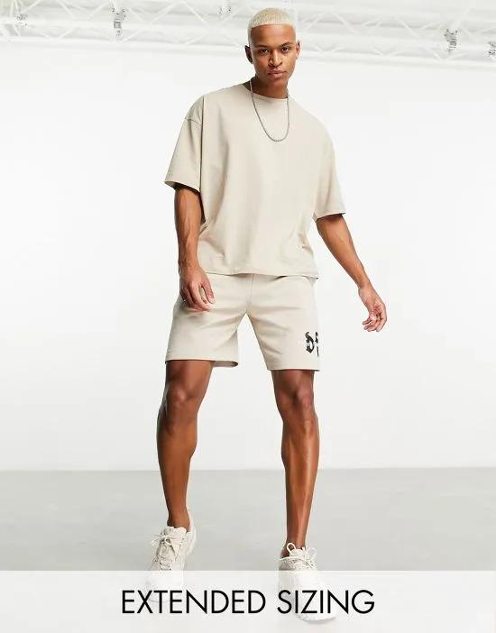 ASOS Dark Future relaxed short with gothic logo in beige - part of a set