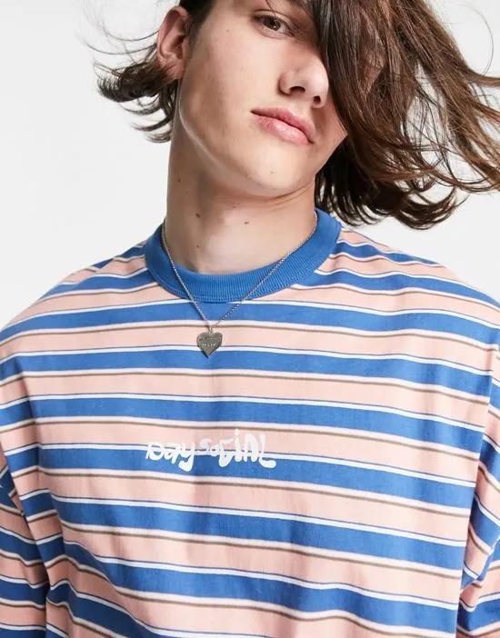 ASOS Daysocial oversized T-shirt with all-over stripe print and logo in peach