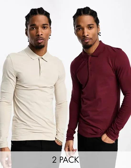 ASOS Design 2 pack long sleeve muscle fit polo in stone and burgundy