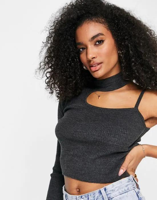 ASOS DESIGN crop sweater with one shoulder and asymmetric neckline in gray
