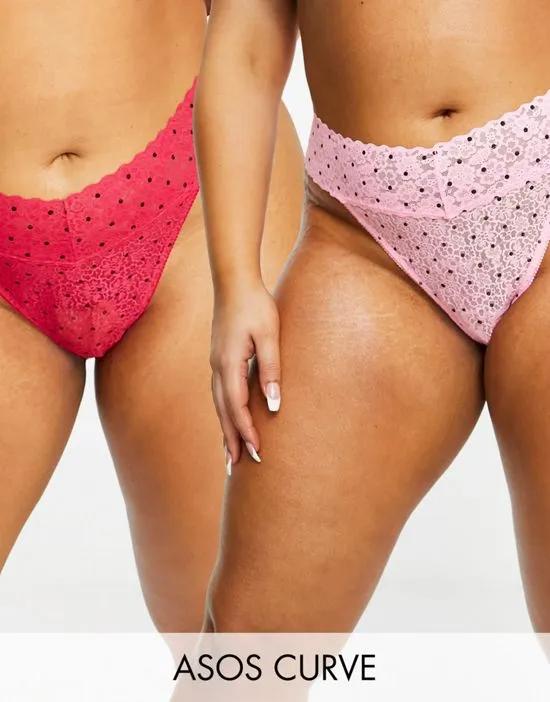 ASOS DESIGN Curve 2 pack deep lace thong in pink & red