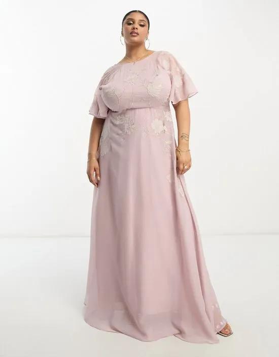 ASOS DESIGN Curve Bridesmaids angel sleeve maxi dress with floral applique in rose