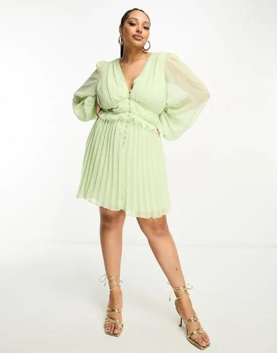 ASOS DESIGN Curve button through ruched waist pleated mini dress in metallic texture in apple green