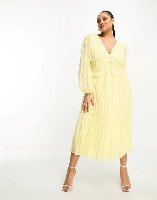 ASOS DESIGN Curve button up ruched waist pleated midi dress in metallic textured in pastel yellow