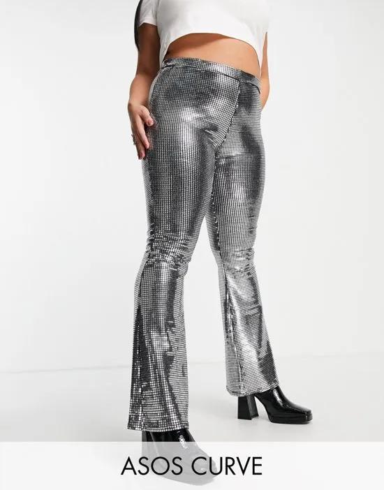 ASOS DESIGN Curve chainmail sequin slim flare pant in silver