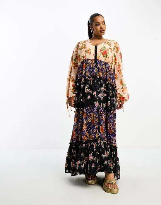ASOS DESIGN Curve chiffon button up smock maxi dress in mixed print