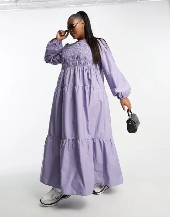 ASOS DESIGN Curve cotton shirred maxi smock dress with puff sleeve in lilac